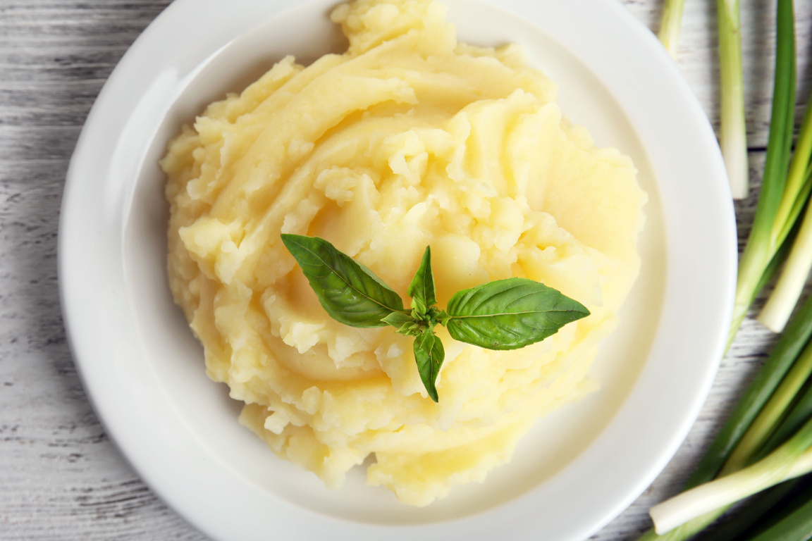 Mashed Potato with Basil Leaves Flat Lay